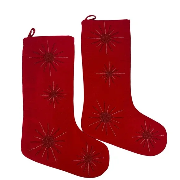 Merry Christmas Stocking Red Velvet Beaded Xmas Hanging Primitive‎ Mid-Century