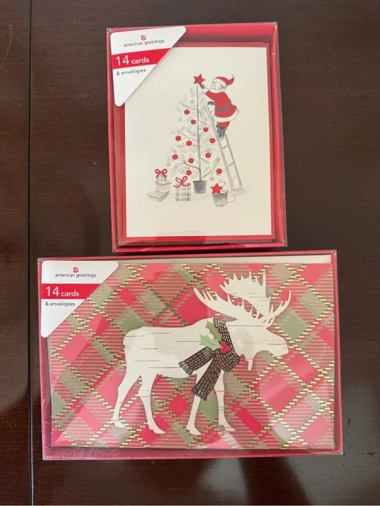 American Greetings Red and Cream Holiday Card Duo - Moose Plaid & Santa Tree
