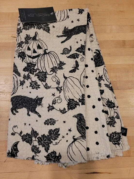 Rachel Zoe Cream and Black Halloween Pumpkin & Cat Kitchen Towel Set