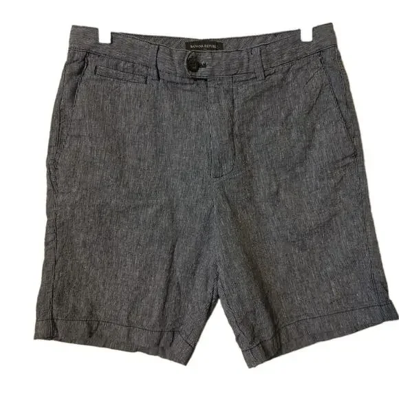 Banana Republic Mens Shorts 30 Linen Cotton Blend Striped Gray Blue Summer Beach