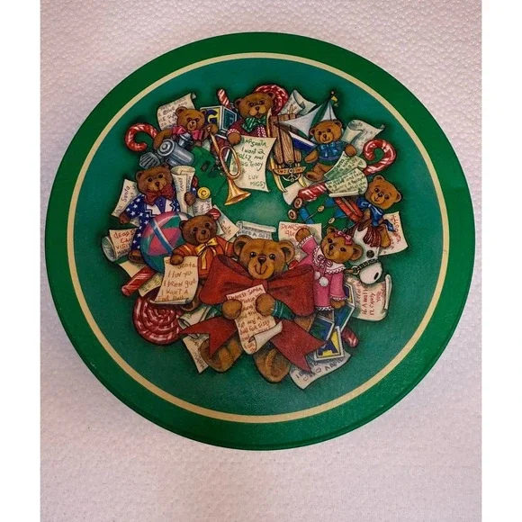 Vintage‎ Christmas Teddy Bear Cookie Tin Round Green Holiday Storage 3.5