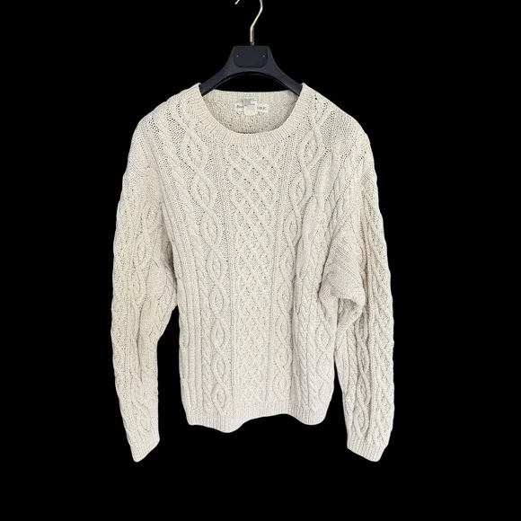 Banana Republic Mens Silk Cotton Linen Cable Knit Fisherman Sweater Cream Medium