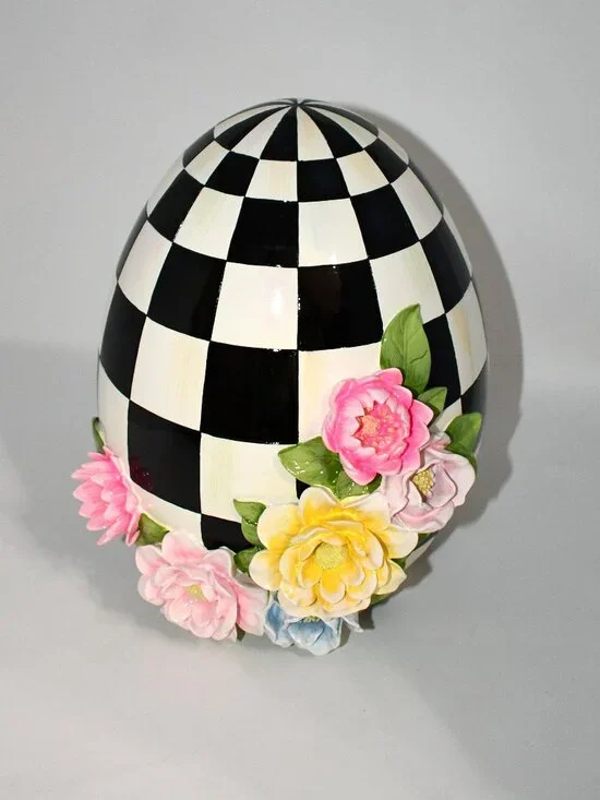 MacKenzie-Childs Easter Frolic Spring Floral Check Tabletop Egg Black #35514-242
