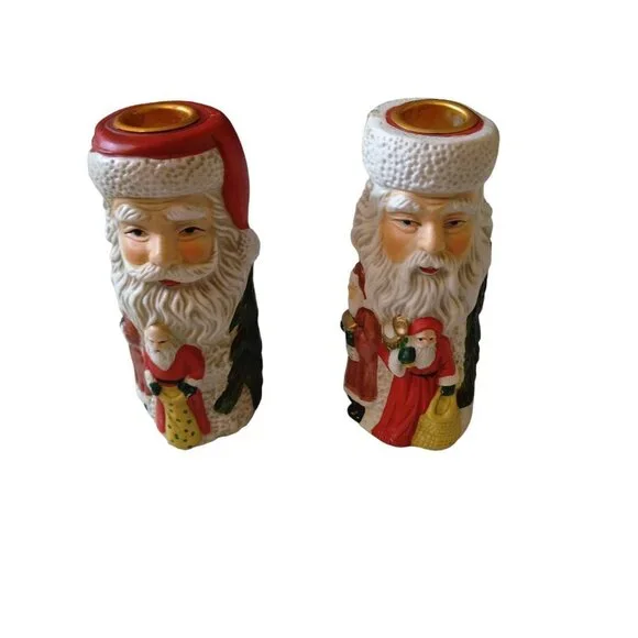 CHRISTMAS SANTA CLAUS VINTAGE TAPER CANDLE HOLDERS SET OF 2 (CB1)