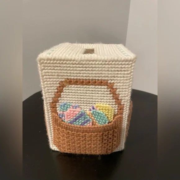 Vintage Crochet Kleenex Box with pastel Easter eggs and basket
