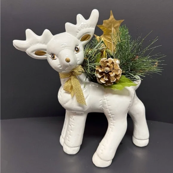 1990’s White Ceramic Reindeer Planter with Gold Bow & Greenery EUC