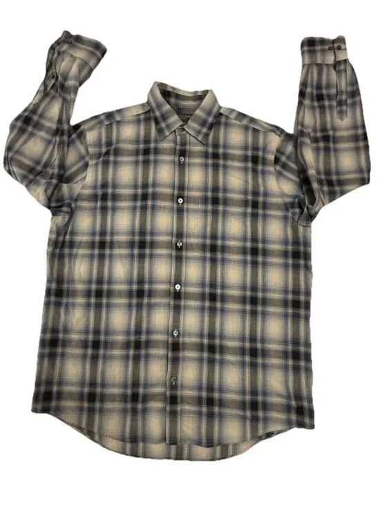 Banana Republic Classic Plaid Button Up Shirt Men Large Blue Beige Cotton