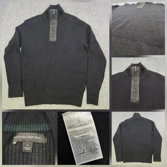 Banana Republic Sweater‎ Mens Large Black 1/4 Zip Mock Neck Merino Waffle Knit
