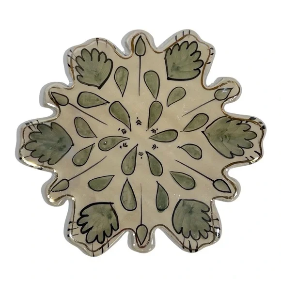 Snowflake 7” Blue Sky Clayworks Trivet/Tea Light Candle Green/Gold EUC