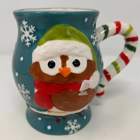 Owl Jumbo Christmas Mug with Candy Cane Handle Hand-painted‎ Ceramic