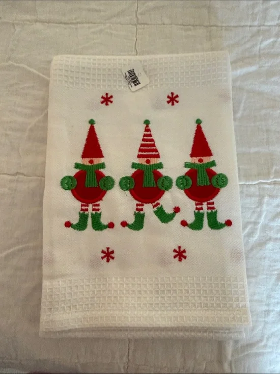 Set of 2-Crate&Barrel White Holiday Elf Kitchen Towel with Red & Green Accents