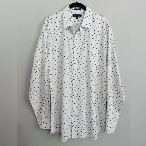 Banana Republic Men Slim Fit White Black Floral Non-Iron Cotton Dress Shirt Sz L