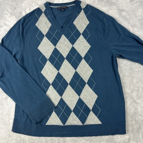 Banana Republic Mens Argyle Sweater XL Silk Cashmere Blue Gray Diamond‎ V-neck