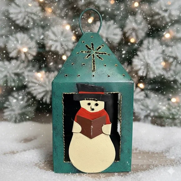 Vintage Style Green Metal‎ Snowman Lantern Christmas Caroler Candle Holder 10