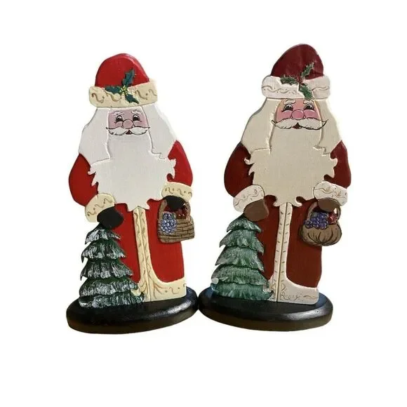 Vtg Handpainted Wooden Santas w Xmas Trees 10.25in Tall 5.5in Base Holiday Decor