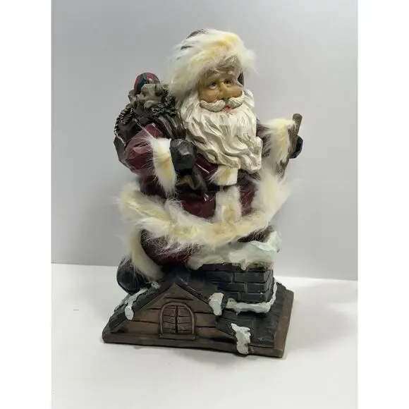 Vintage Wood Carved Art Santa Claus Entering Chimney With Sack Of‎ Toys Figure