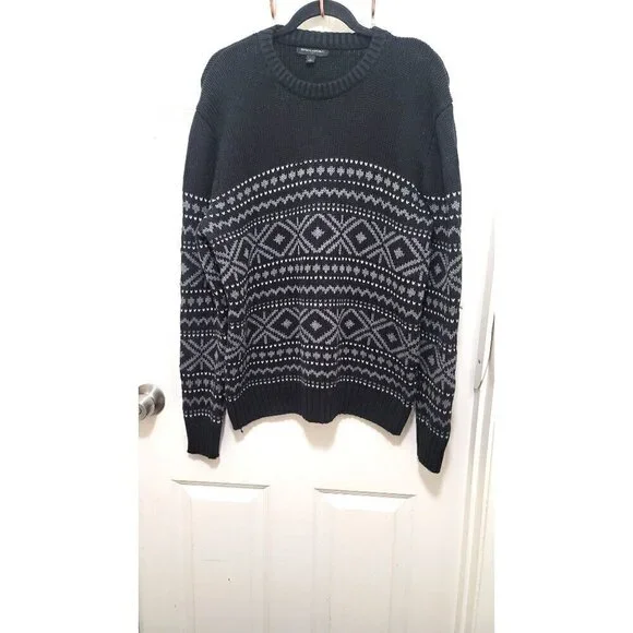 Banana Republic Sweater Mens Large Black Gray Fair Isle Wool Blend Knit Crewneck