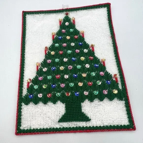 Vtg Christmas Tree Yarn Art Plastic Canvas Sequins Wall Hanging Craft Decor 14