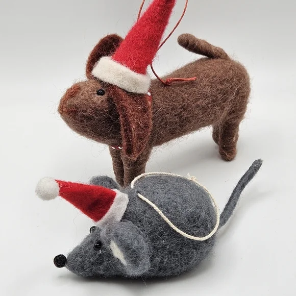 Felted Christmas Holiday Mouse and Dog Ornaments Sant Hats