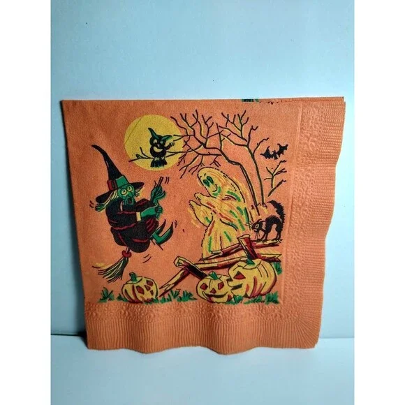 Vintage Halloween Paper Napkin Green Faced Witch Ghost Pumpkins Orange 4.5x 4.5