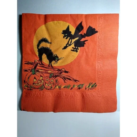 Vintage Van Ness Halloween Paper Napkin Witch Moon Black Cat Pumpkins 6.5
