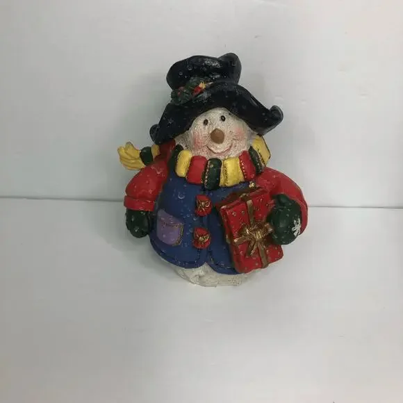 vtg Y2k colorful‎ snowman figure snow drops detail holding gift 7 inches tall