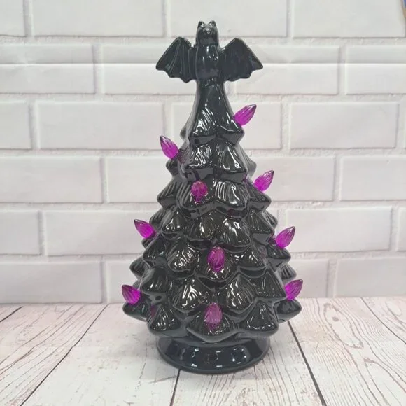 Halloween Lighted Black Tree Purple Lights Bat Tree Topper Ceramic  9” Tall, NEW