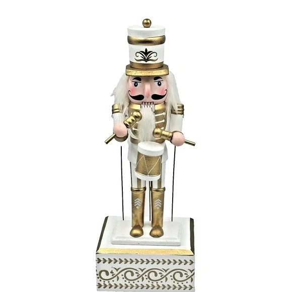 Musical Nutcracker Drummer 14in Gold White Christmas Decor