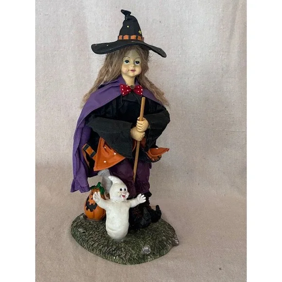 Vintage‎ Halloween Fabric Mache Witch Figurine with Broom, Ghost, and Pumpkin