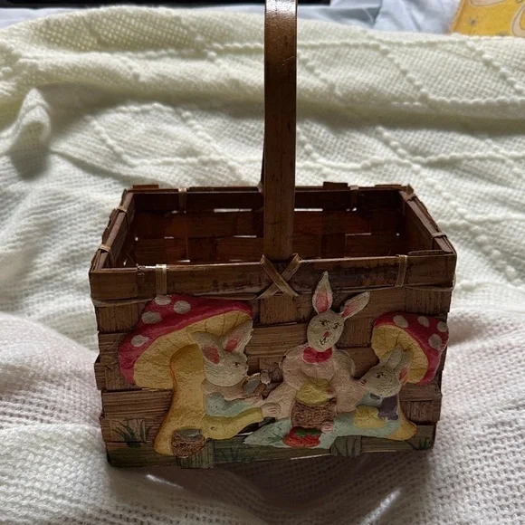 Wooden Basket with Bunny and Mushroom Design