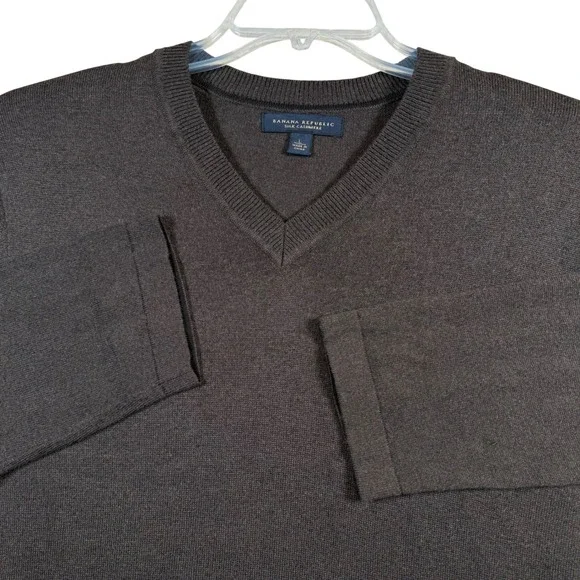 Banana Republic V-Neck Sweater Mens L Brown Silk Cashmere Blend Long‎ Sleeve