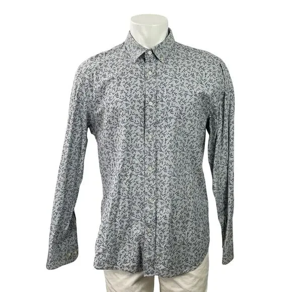 Banana Republic Men Gray Blue Leaf Slim Oxford Long Sleeve Button Up Shirt Top L