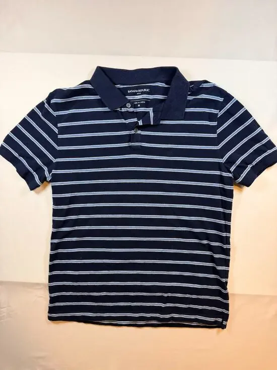 Banana Republic Short Sleeve Polo Men's Blue Striped Size Medium Casual Cotton