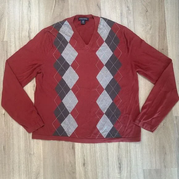 Banana Republic Men's XL Dark Red Argyle V-Neck Silk Cotton Cashmere