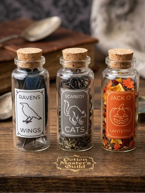 Spooky Halloween Mini Glass Potion Bottle Set – Ravens, Cats & Pumpkins