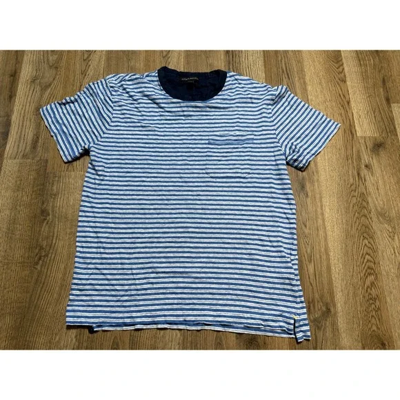 Banana Republic T-Shirt Mens Medium Blue Adult Striped Pocket 100% Linen