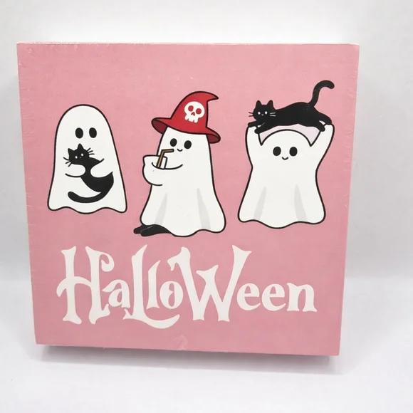 Pink Halloween Ghost Wood Block Sign – Cute Spooky Shelf Decor –‎ New