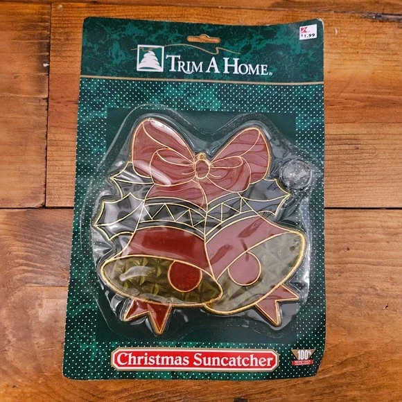 Vintage Trim A Home Christmas Suncatcher Bells‎ Holly Bow Window Decor NOS