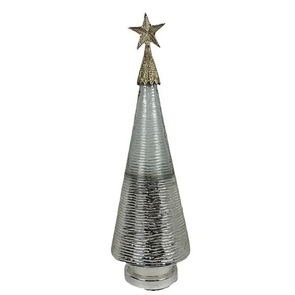Silver Mercury Glass Christmas Tree Decor w/ Gold Star Topper 19