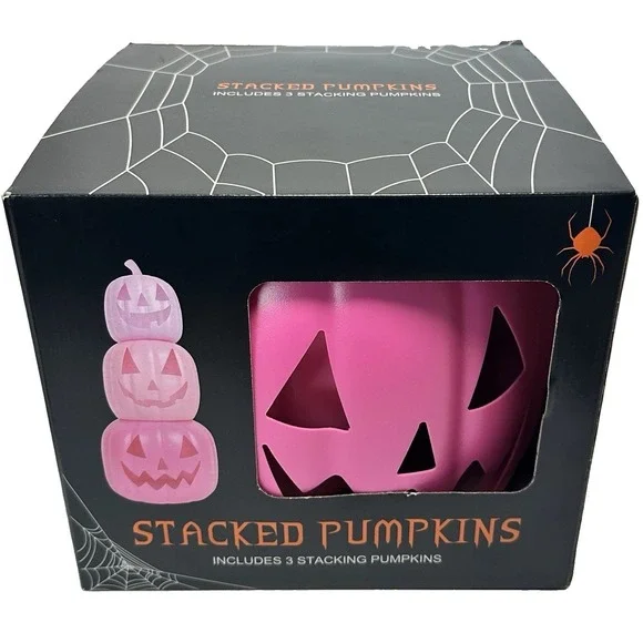 Pink Stacked Jack O Lantern Pumpkins Halloween Decor 23