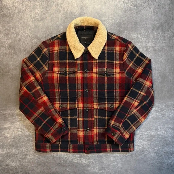 Banana Republic Mens Plaid Sherpa Collar Wool Blend Trucker Jacket Red Navy M