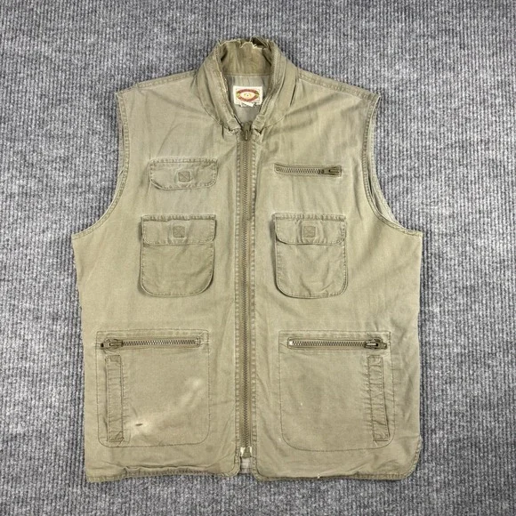 Vtg Banana Republic Safari Vest Mens XL Khaki Zip Hood Utility Fishing Cotton