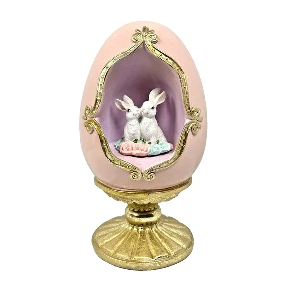 Easter Egg Bunny Figurine Pink Gold Pedestal Spring Easter Decor Two Rabbits