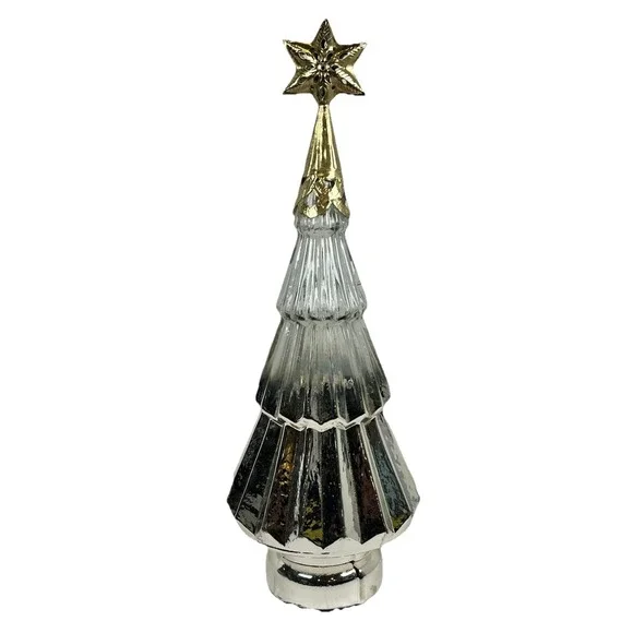 Silver Mercury Glass Tiered Christmas Tree Decor w/ Gold Star Topper 17