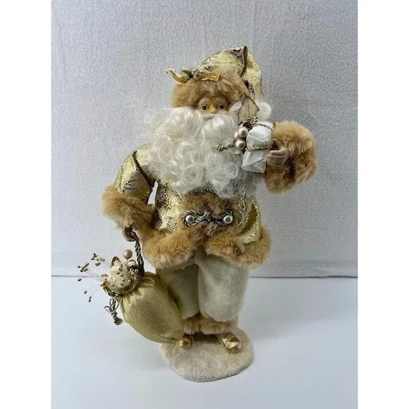 Vintage Kmart‎ Santa Clause Figurine Gold & White Ornate with Bag and Gifts 14