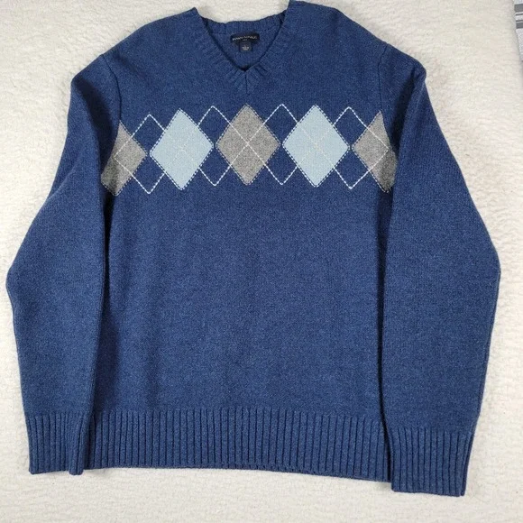 Banana Republic Sweater Mens Large Blue Argyle 100% Lambswool V-Neck Knit 0739