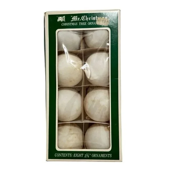 Vintage (1972) MR CHRISTMAS Flocked Ornaments Boxed white Unbreakable 2-3/8” MCM