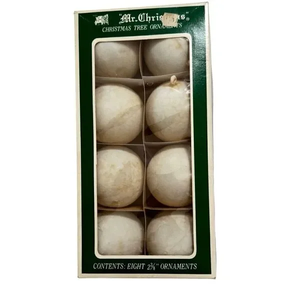 Vintage (1972) MR CHRISTMAS Flocked Ornaments Boxed white Unbreakable 2-3/8” MCM