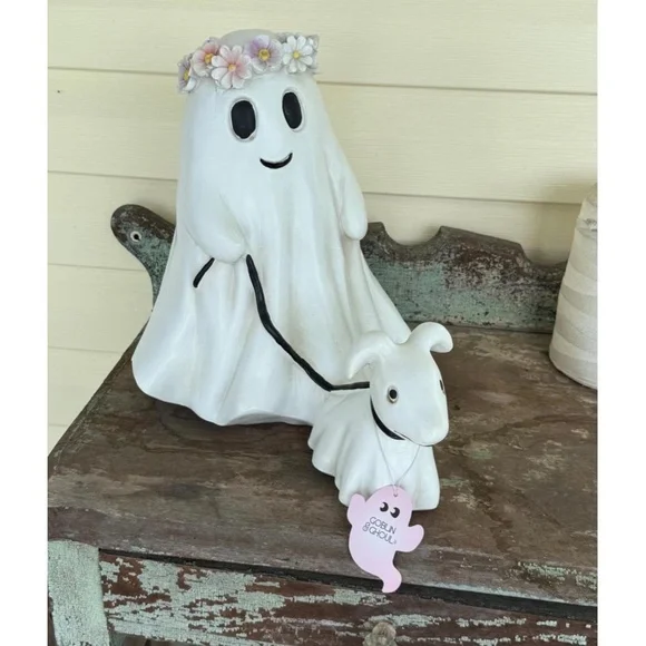 Halloween Ghost  walking Dog Figurine 10 3/8 Inch Flower Crown‎ Leash Spooky
