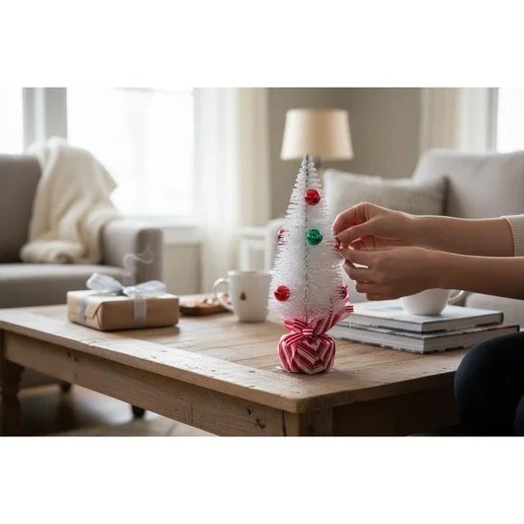 Holiday Style White Brush‎ Tree Christmas Decor Candy Cane Base Ornaments